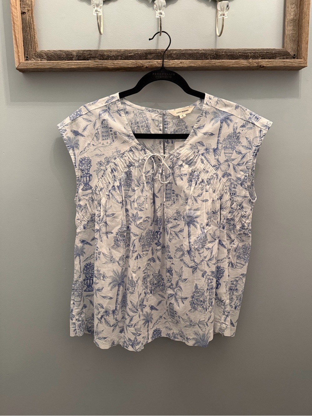 Lucky Brand Blue & White Toile Tie-Neck Blouse